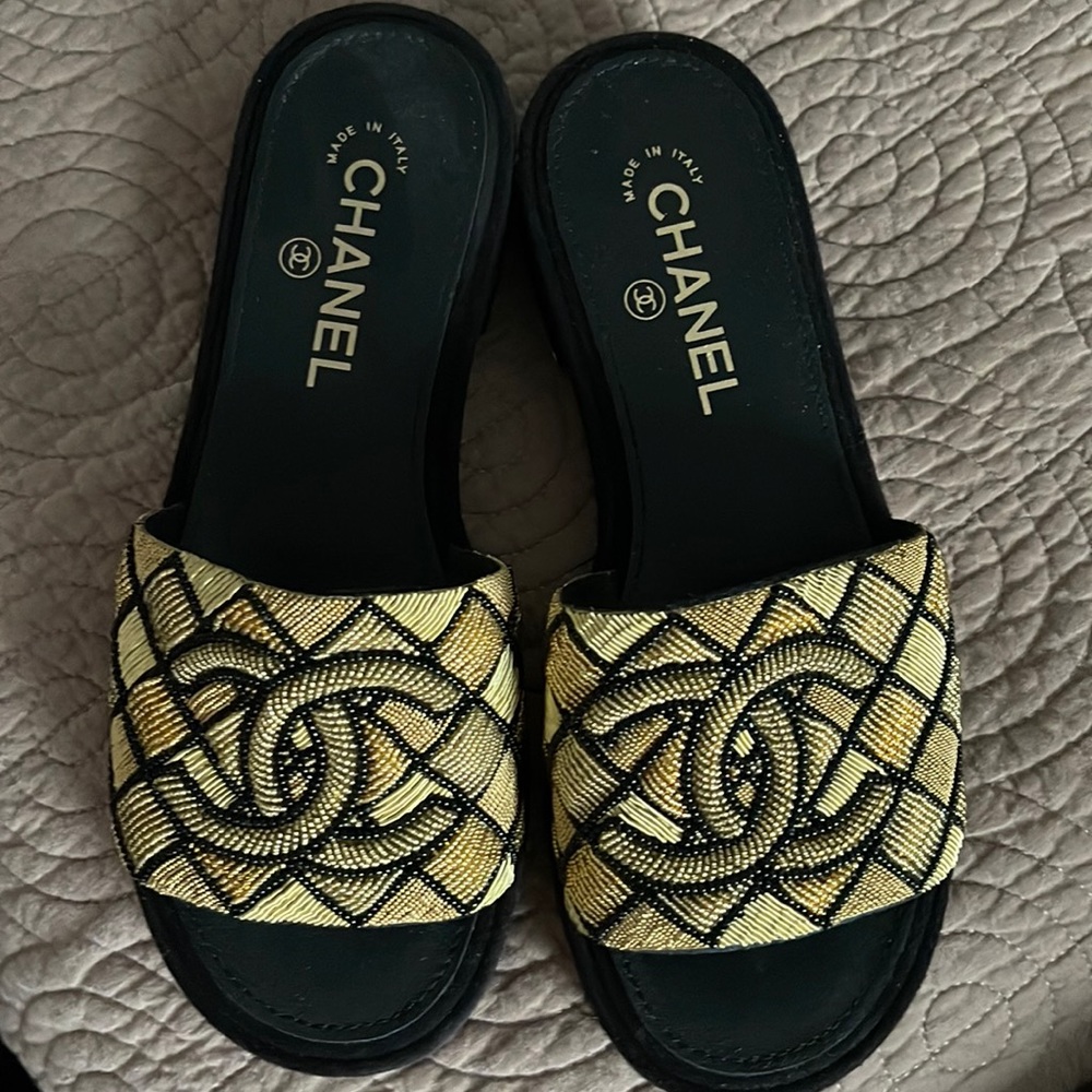 CHANEL • Gold • Black• Beaded • Slide ❌SOLD❌